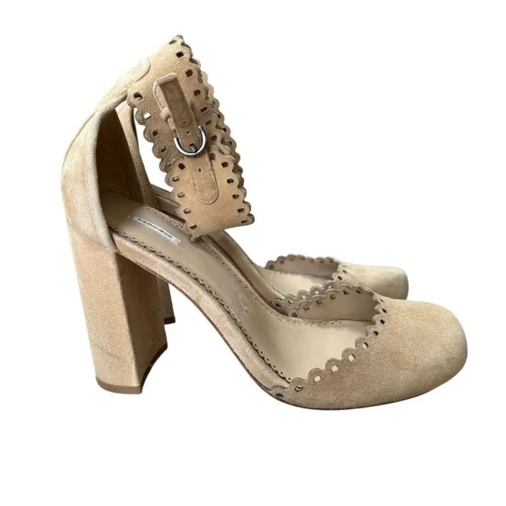 Leon Max Heap Kid Suede Ankle Strap Block Heel Pumps in a beige color size 8